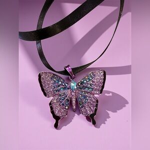 Purple Blue Pink Rhinestone Butterfly Pendant Necklace